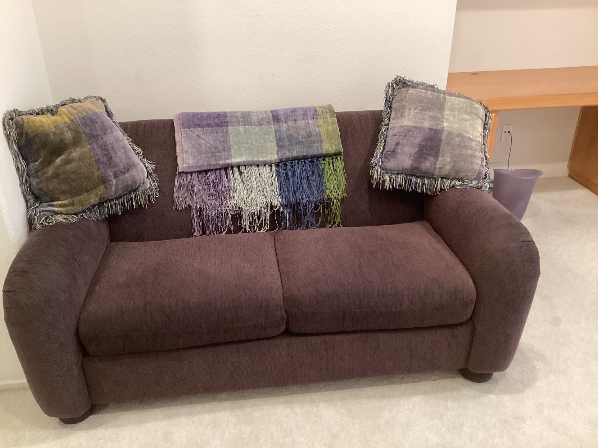 Beautiful Plum colored Sofa with Fabric Wrapped Bun Feet