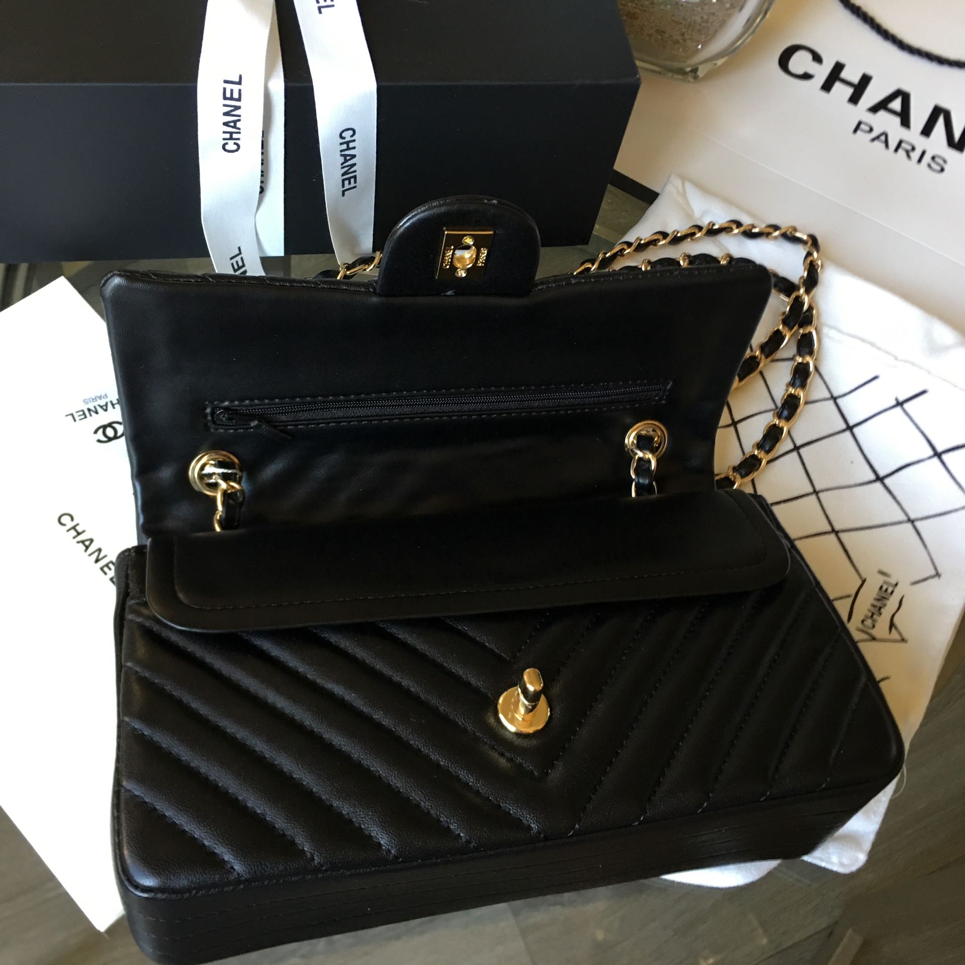 Chevron style chanel bag lambskin leather gold hardware for Sale in Los ...