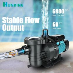Pool Pump Above and Inground Ground, 2HP 6980GPH High Flow Self Primming Swimming Pool Pump, 110V Energy Saving with 2.0'' Unions and Filter Basket, I