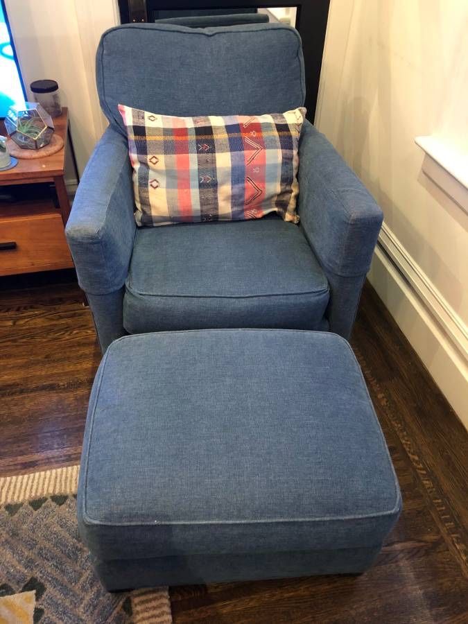 Comfy! Crate & Barrel Talia Swivel Chair + Ottoman, Blue, Light Wear