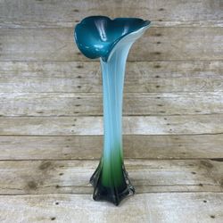Swung Glass 11.5" Vintage Vase Tall Cala Lily Flower Swirl Green Blue Ribbed