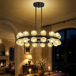 32 Inch Black Wagon Wheel Chandelier with Crystal Shade, 28 Lights, Modern Farmhouse Chandelier, Ideal for Dining Room, Kitchen, Entryways