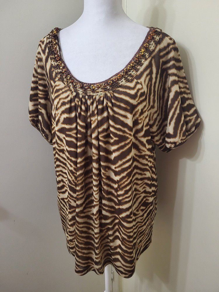 Sheer Overlay Animal Print Blouse With Beads Size 1X