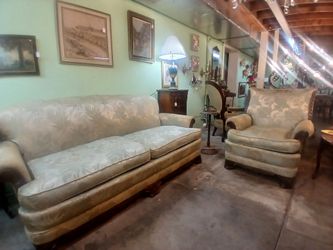Vintage Tropical Damask Sofa & Matching Bergère Armchair Set