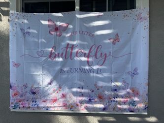 Butterfly 1st Birthday Party Backdrop Banner