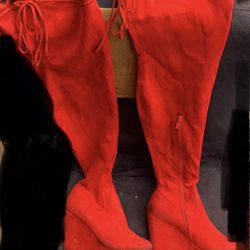 Red High Heel Thigh Boots