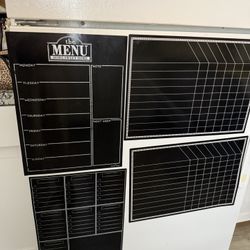 Set of 4 black magnetic dry-erase boards designed for kitchen organization, including a weekly menu planner, calendars, and to-do lists 