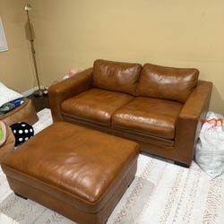 Mason Brown Leather Loveseat and Ottoman (Living Spaces)