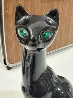 Vintage Mid Century Modern Black Cat With eyes of green stones
