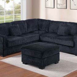 Black Corduroy Sectional Sofa With Ottoman