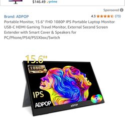 Portable Monitor, 15.6" FHD 1080P IPS Portable Laptop Monitor USB-C HDMI Gaming Travel Monitor, External Second Screen Extender with Smart Cover & Spe