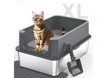 New Stainless Steel Litter Box, Extra Large Litter Boxes for Big Cats, XLarge Metal Cat Litter Box with Lid, Anti-Urine Leakage XL Box with High Sides