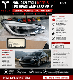 2016–2021 Tesla Model S LED Headlamp Assembly OEM RH/Passanger – Mint Lens