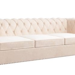 Chesterfield Sofa Velvet, Modern Tufted Couch 3 Seater with Rolled Arms and Nailhead for Living Room, Bedroom, Office, Apartment (Beige)