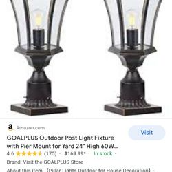 GOALPLUS Outdoor Post Light Fixture with Pier Mount for Yard 24" High 60W Post Lantern for Driveway Antique Bronze Post Lamp with Clear Seeded Glass, 