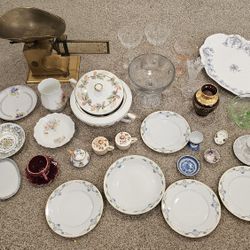 Large lot of antique collectibles including plate, cup, bowl, saucer, salt and pepper shaker, dishes, scale
