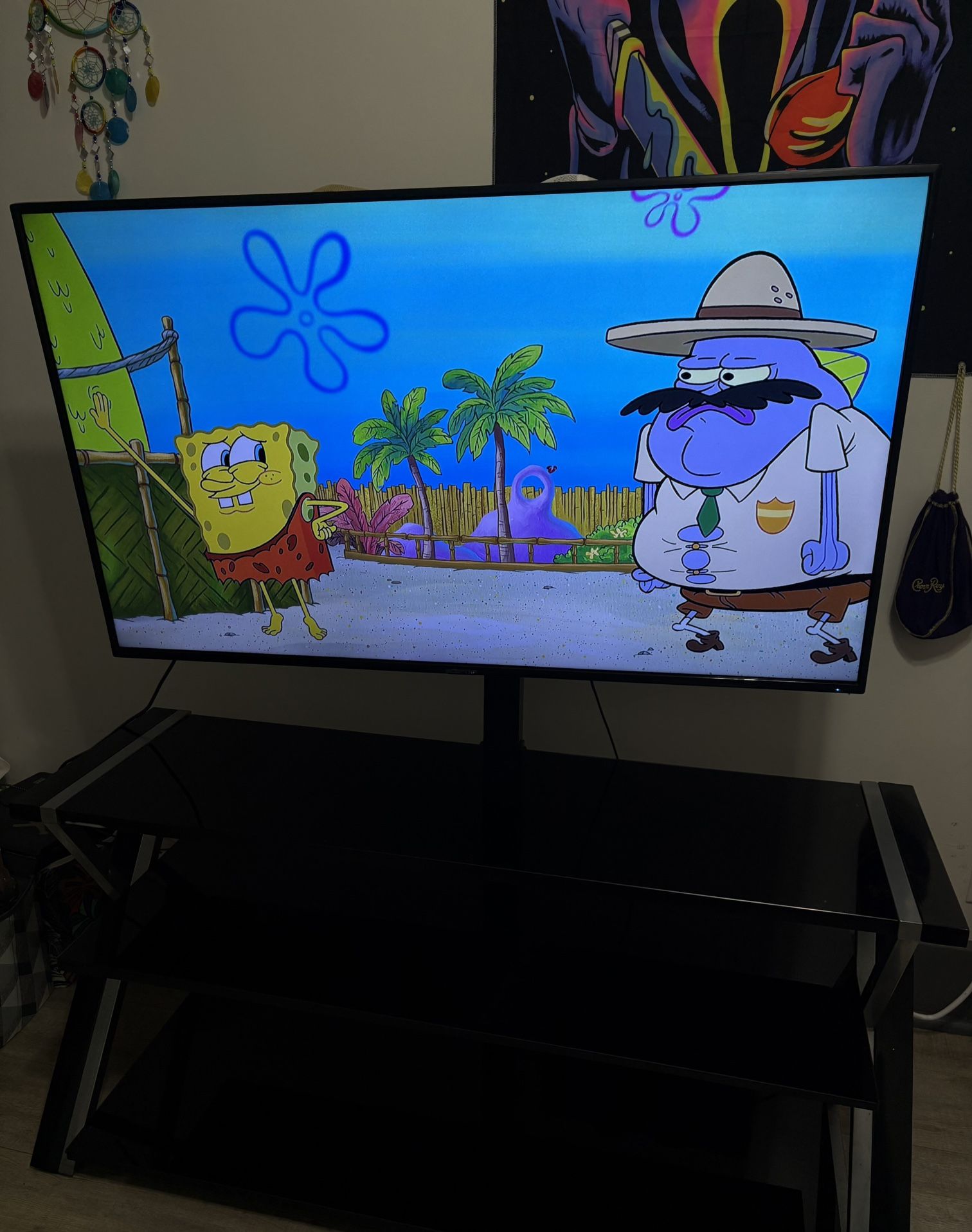 Glass Entertainment Center w/ Mounted 55" Sceptre TV + Chromecast