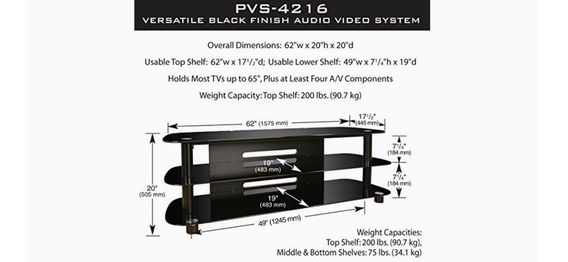 Bell’O PVS-4216 Up to 65" Black Versatile Audio Video Furniture System