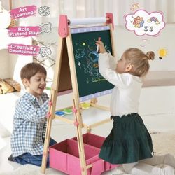 Kids Easel Including 100+ Accessories, Dual-Sided Wooden Easel for Kids Girls Age 3-12 with Magnetic Chalk & Painting Board, Free Height Adjustable Ar