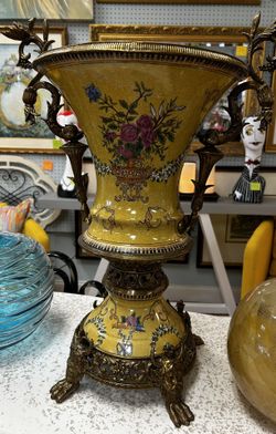 Large 1950s Chinese chinoiserie ceramic bronze vase beast foot claw foot 25”