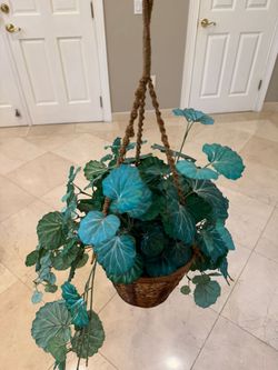 Artificial Hanging Begonia with Macrame Hanger and Wicker Basket - Excellent Condition