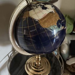 World Globe 22" Blue Lapis Gemstone Revolving Brass Table Top Stand