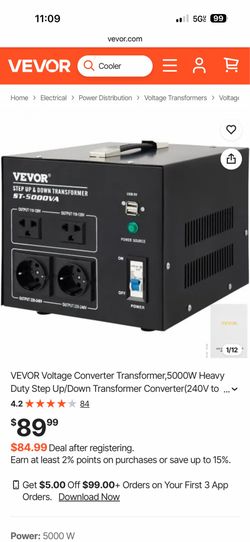 VEVOR Voltage Converter Transformer,5000W Heavy Duty Step Up/Down Transformer Converter(240V to 110V, 110V to 240V),2 US&1 UK&1 Universal Outlet with 