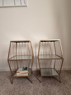 Set of 2 Gold Geometric Mirrored Nightstands / Side Tables