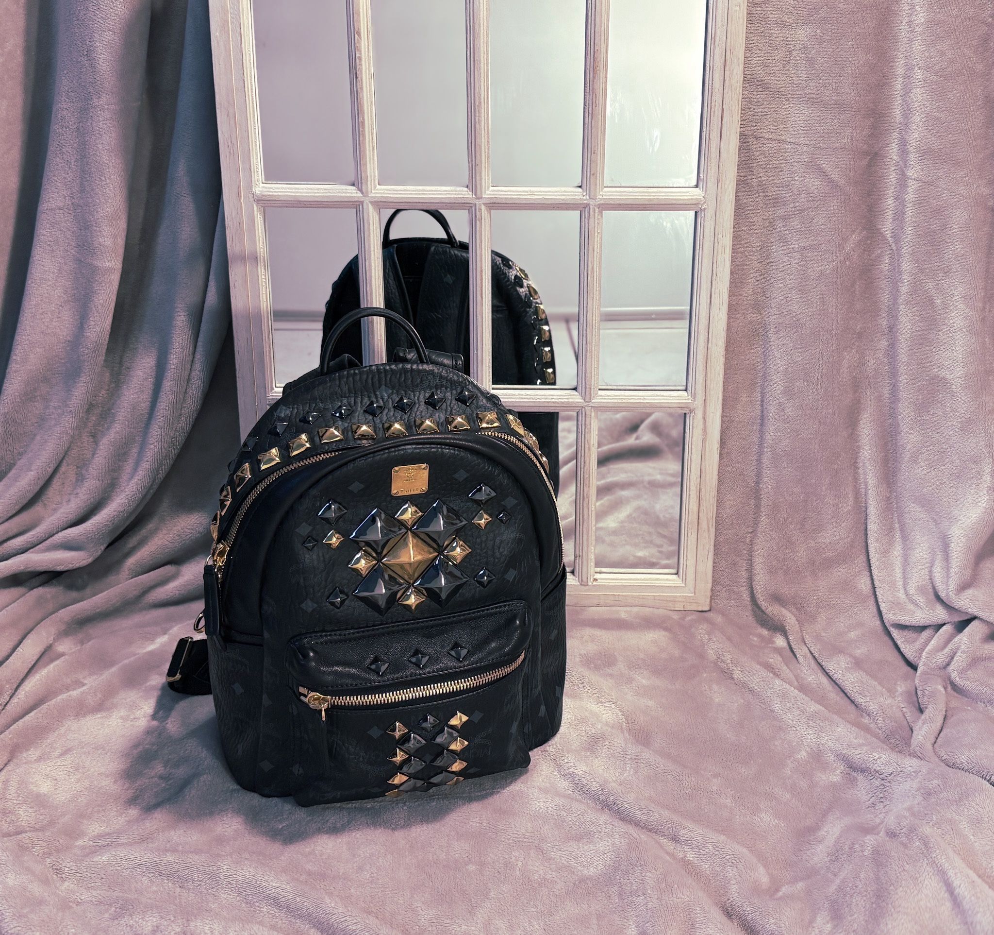 MCM Munchen Black Leather Studded Backpack