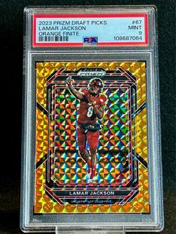 2023 Prizm Draft Picks 💥 Lamar Jackson 💥 Orange Finite Prizm 4/39 PSA 9 Mint 💎 - Baltimore Ravens