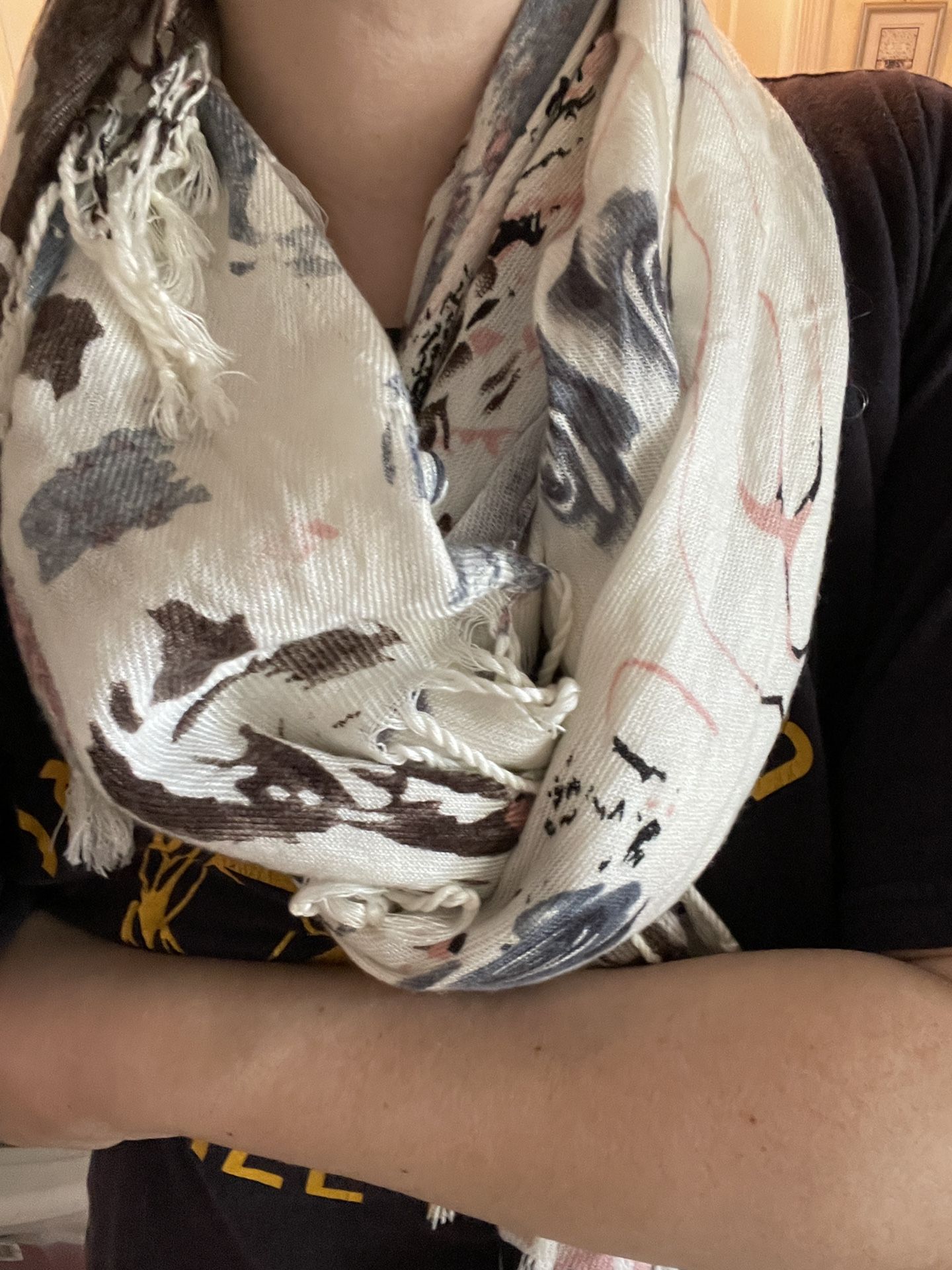 White Fringed Scarf Abstract print With Floral accents 65x27