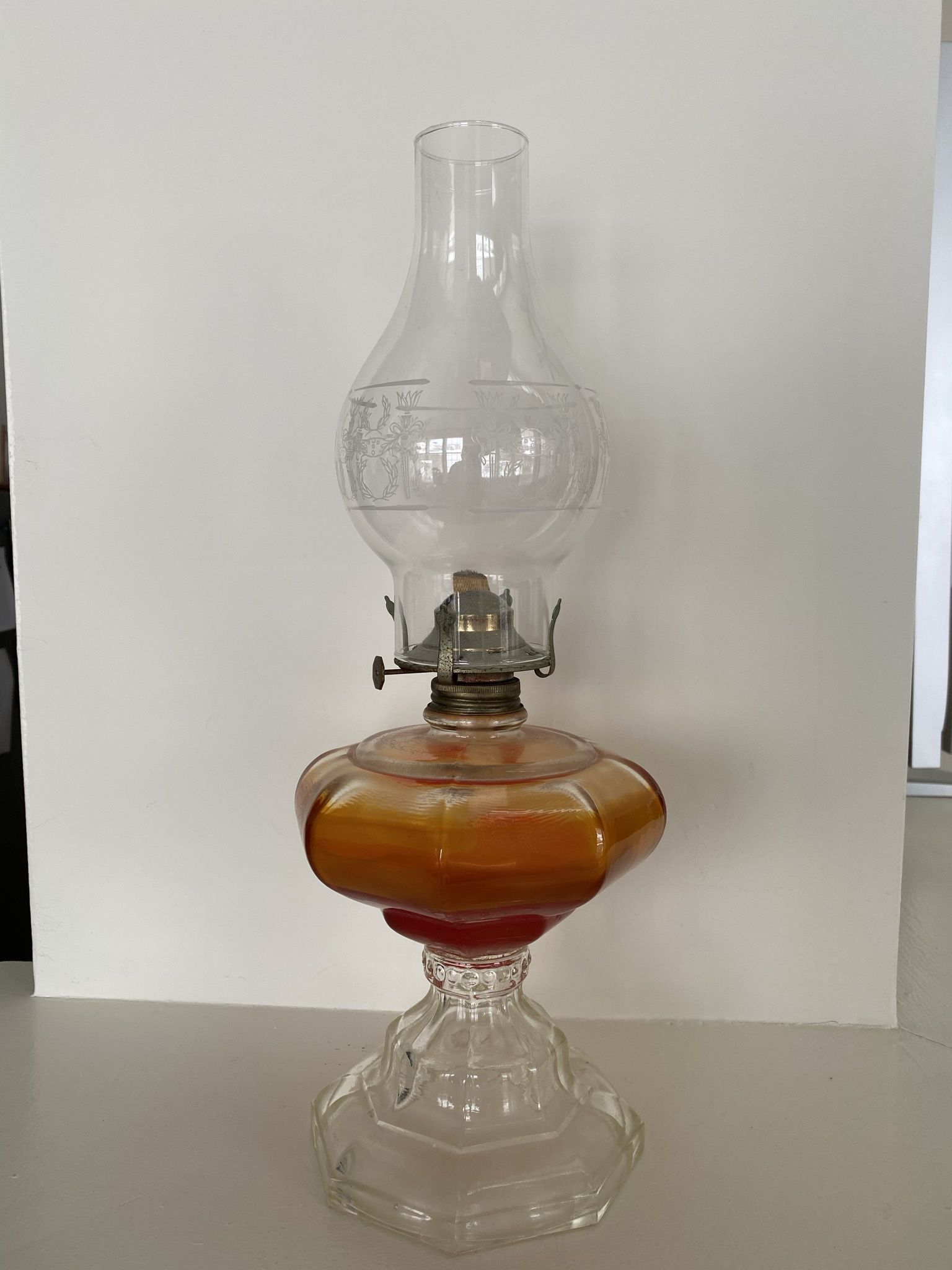 Vintage Antique Glass Hurricane Oil Pedestal Lamp, 19” tall, very good condition