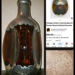 VINTAGE QUALITY KMD ROYAL HOLLAND DAALEROP PEWTER AMBER PINCHED GLASS BOTTLE DECANTER