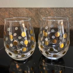 2 Kate Spade Stemless Wine Glass Gold PolkaDots 4" Tumbler