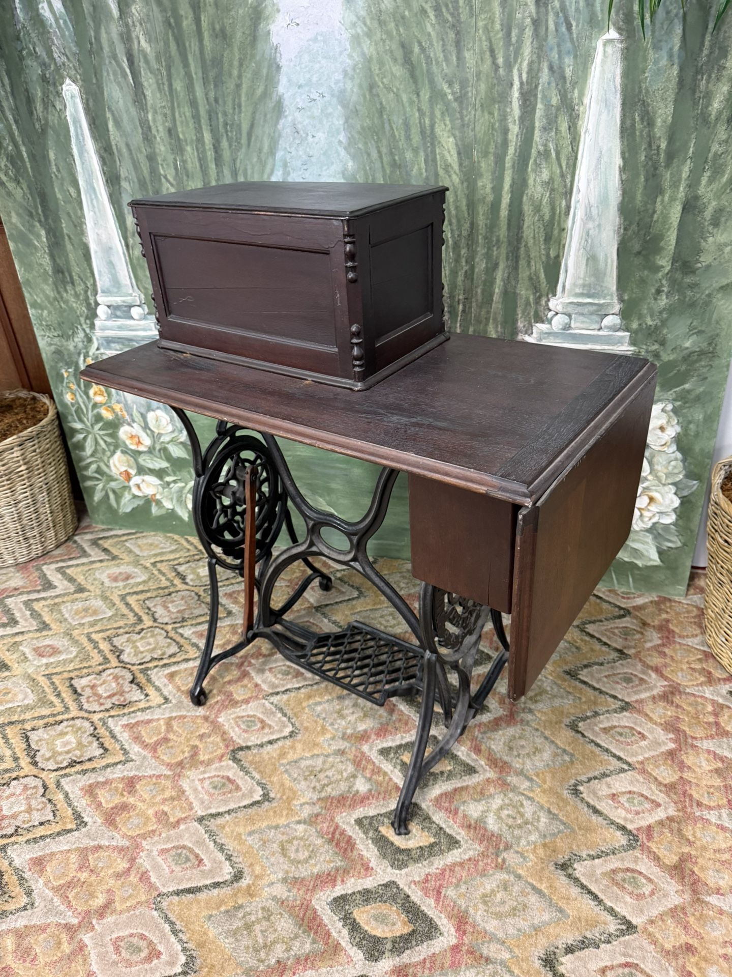 Antique Cast Iron & Mahogany Sewing Table by The Rand MFG CO
