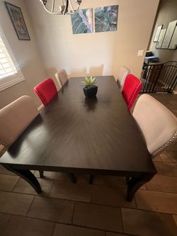 RC Willey Modern 7-Piece Dining Set – Dark Wood Table + 6 Upholstered Chairs