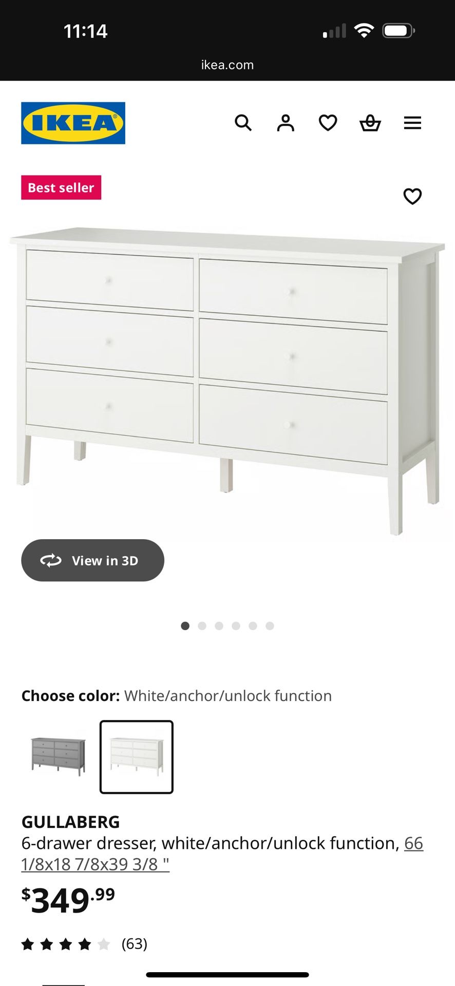 IKEA GULLABERG 6 drawer dresser in white IKEA GULLABERG 6 drawer dresser in white