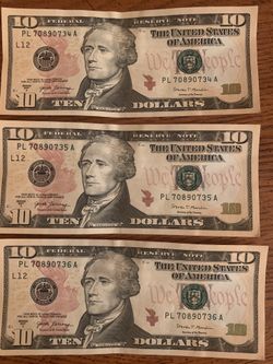 Three very nice $10 bills with serial numbers in sequence asking $50 for all three