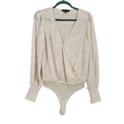 LULUS Womens Cream Long Sleeve Semi Sheer Floral V Neck Bodysuit Size Medium