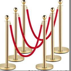 6 Gold Metal Post With Velvet Ropes Brand New Never Used 