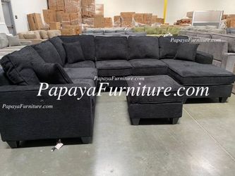 NEW LARGE U Shape Sectional Sofa Chenille Fabric Black Dark Grey Modern and Chaise Lounge Set Ashley Jerome Style Designer Big Couch SALE Furniture