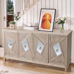 60" Modern Sideboad Buffet Cabinet, Accent Storage Cabinet Console Table with 4 Mirrored Decorative Doors Freestanding Kitchen Cupboard wi