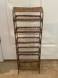 5 Tier Wicker Rattan Wire Metal Wine Rack Storage Basket Shelves
