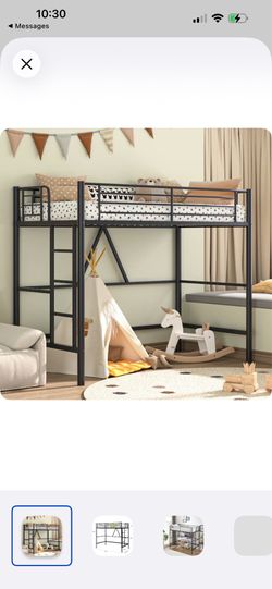 Black Twin Size Loft Bed with Ladder Metal Loft Bed Frame Safety Guardrail Tall Kid Bed