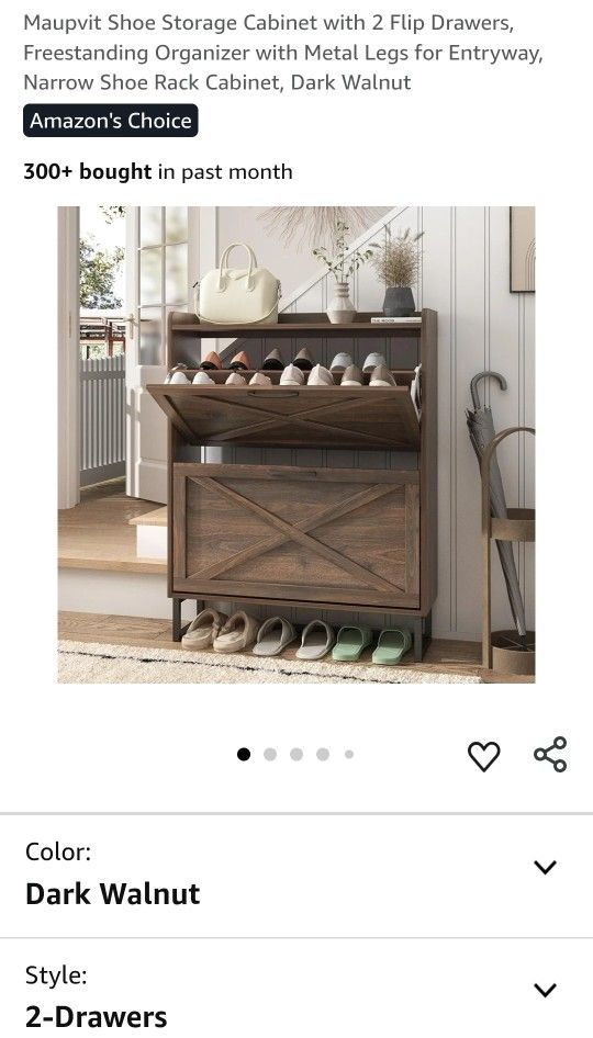 Maupvit Shoe Storage Cabinet with 2 Flip Drawers, Freestanding Organizer with Metal Legs for Entryway, Narrow Shoe Rack Cabinet, Dark Walnut