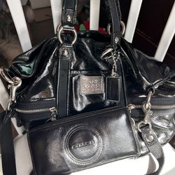 COACH POPPY GLAM SHOULDER TOTE PATENT LEATHER BLACK HANDBAG WITH MATCHING WALLET
