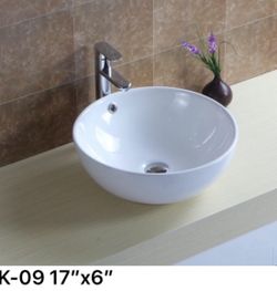 Brand new in box. 17” X 6”. 3 for $100. Chrome Pop up and drain hose included) Beautiful Round Bathroom Porcelain Ceramic Vessel Sink Basin Bowl  Popu