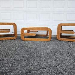 Mid-Century Modern Lou Hodges Cantilevered Oak Coffee Table and 2 Side End Tables 3pc Set Postmodern
