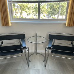 Stainless Steel/Blk Leather Chairs WithTables 2 Chairs And 2 Tables