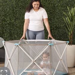 Regalo My Portable Play Yard Indoor And Outdoor, Washable, White/Gray/Teal, 6-Panel  Open box item box is damaged   INVENTORY NUMBER: 106